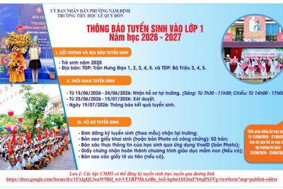 Trường TH Lê Quý Đôn thông báo kế hoạch tuyển sinh vào lớp 1 năm học 2026-2027